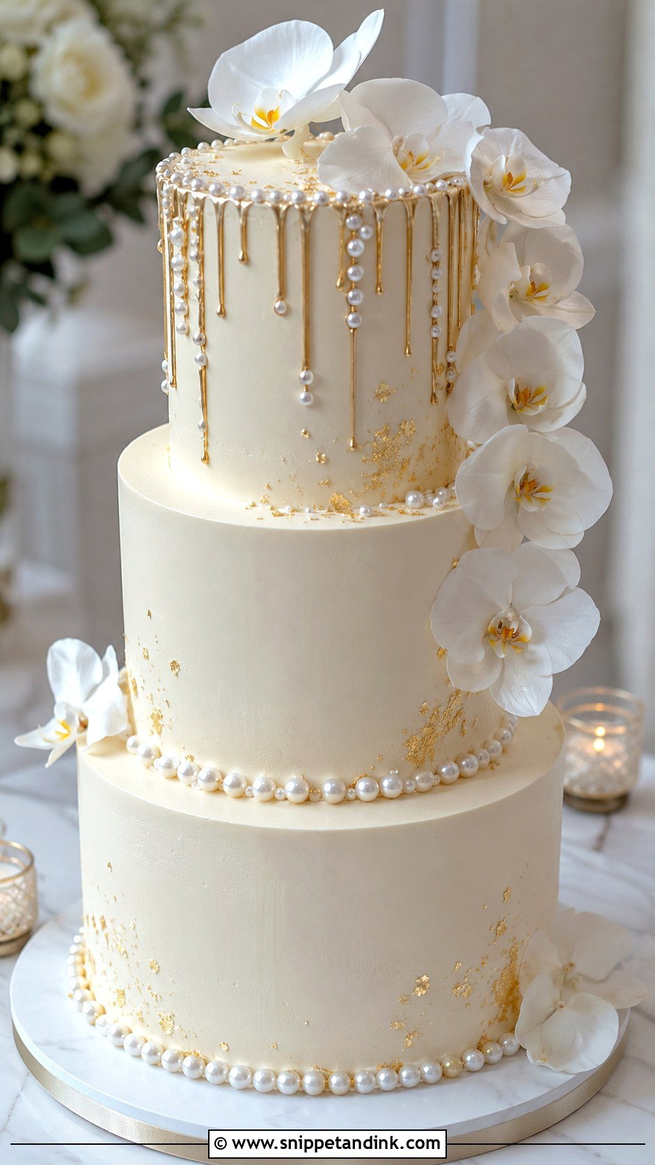 Pearl And Gold Drip Wedding Cake - Snippet and Ink - 20 Pearl and Gold Wedding Cake Ideas