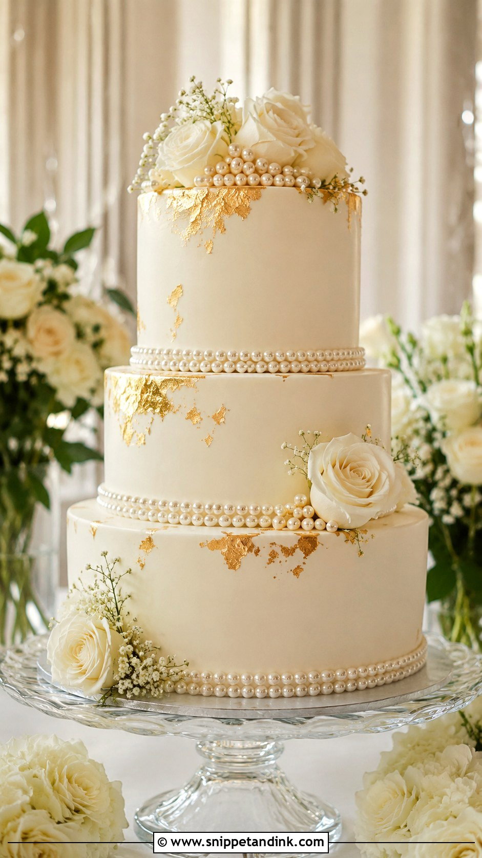 Pearl And Gold Floral Wedding Cake - Snippet and Ink - 20 Pearl and Gold Wedding Cake Ideas