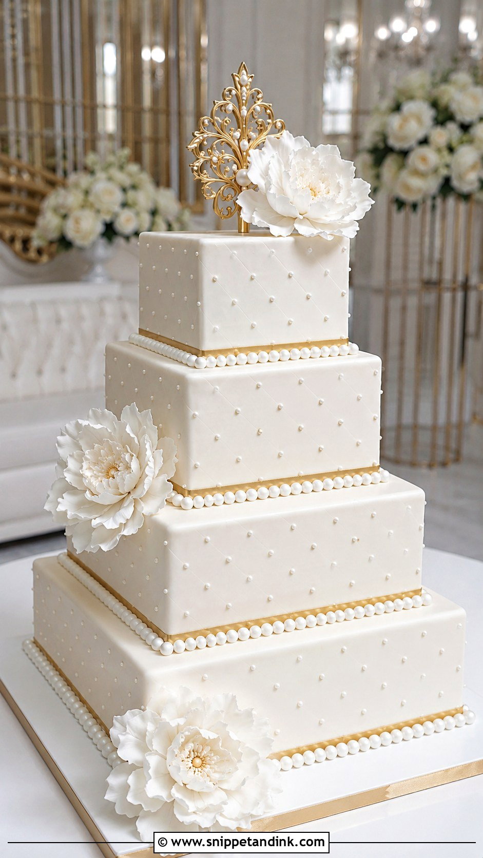 Pearl And Gold Fondant Wedding Cake - Snippet and Ink - 20 Pearl and Gold Wedding Cake Ideas