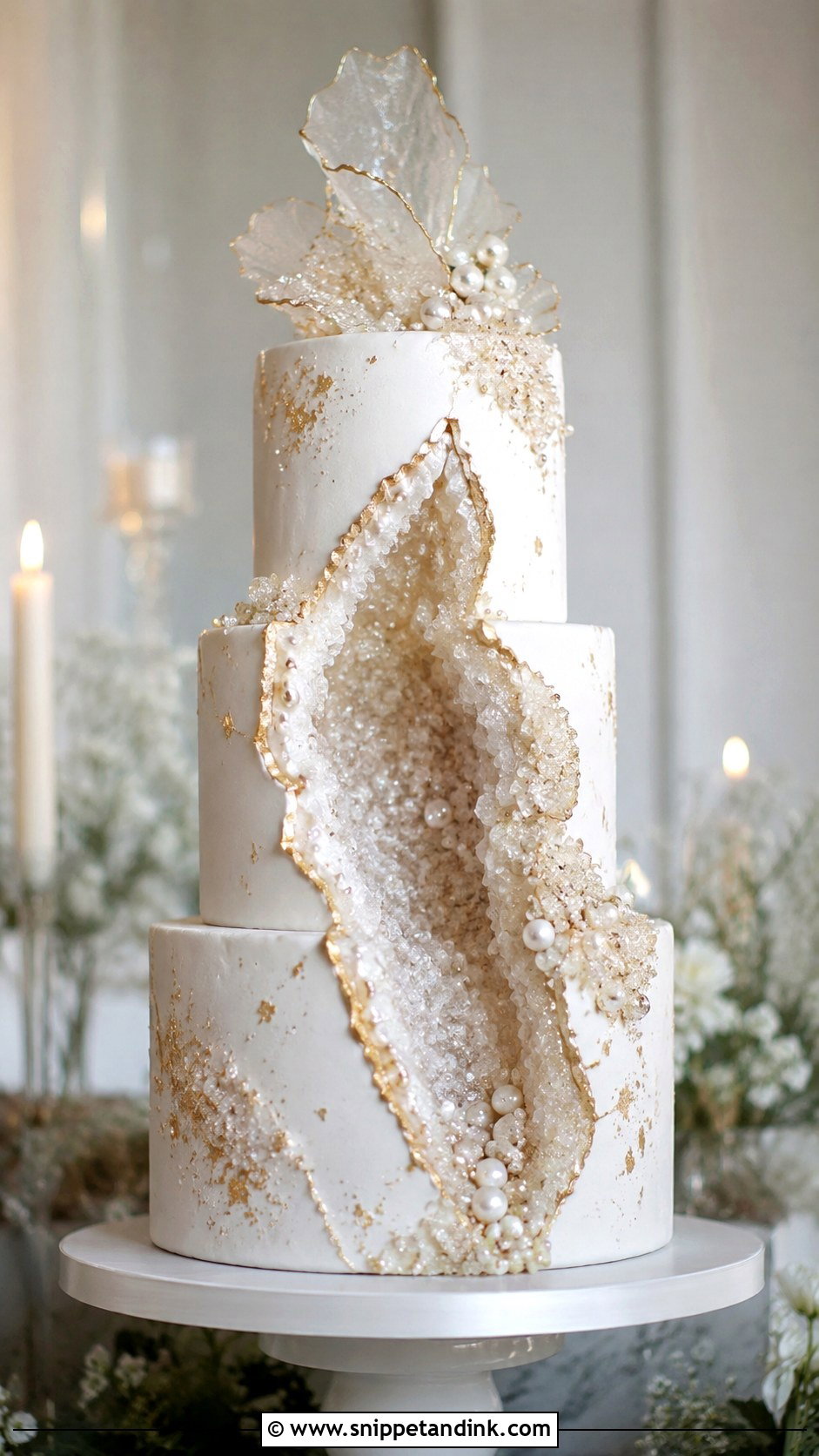 Pearl And Gold Geode Wedding Cake - Snippet and Ink - 20 Pearl and Gold Wedding Cake Ideas