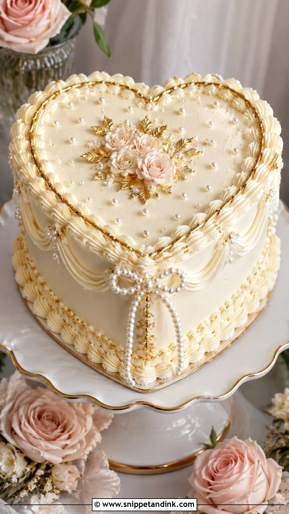 Pearl And Gold Heart Wedding Cake - Snippet and Ink - 20 Pearl and Gold Wedding Cake Ideas