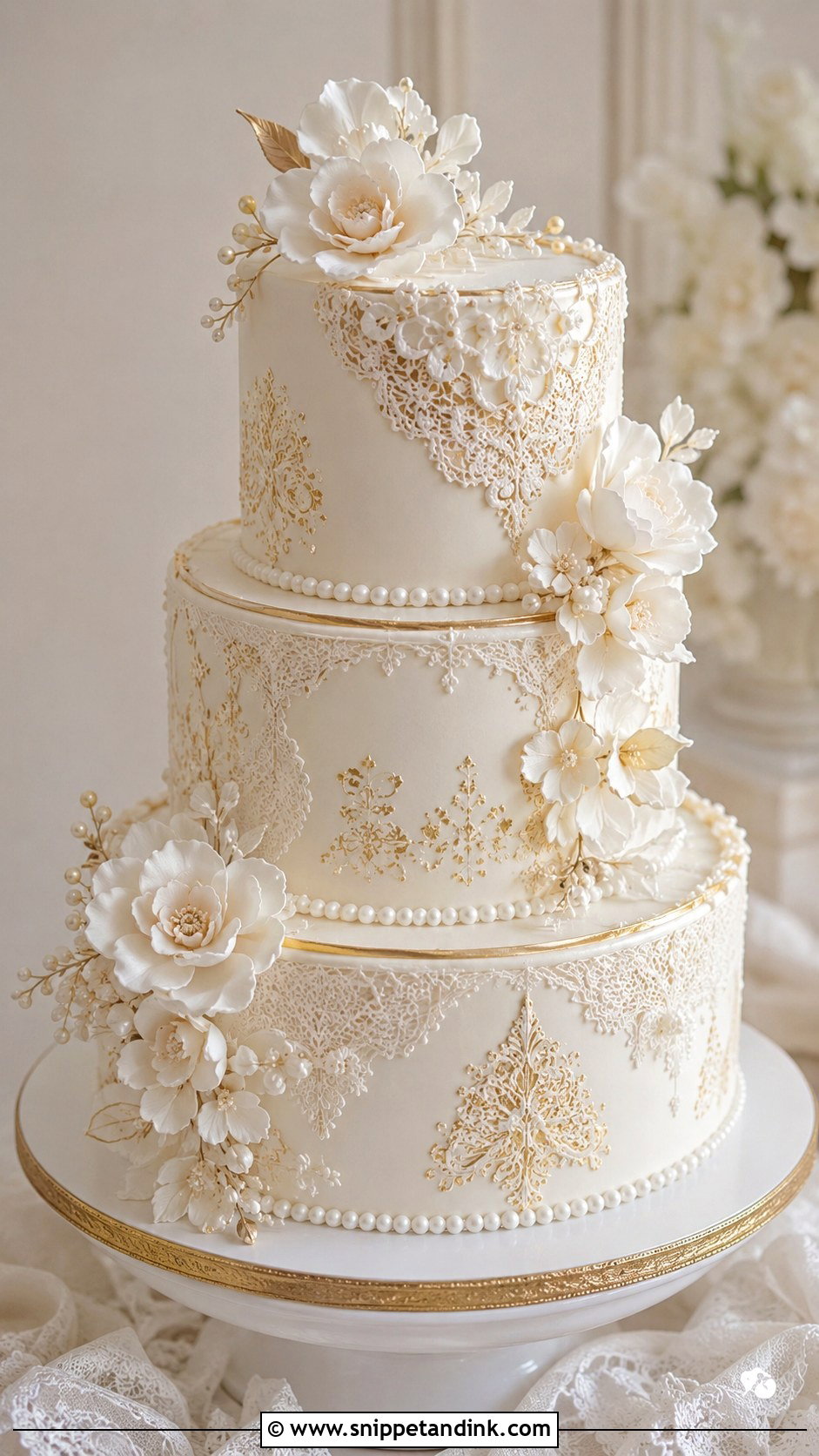 Pearl And Gold Lace Wedding Cake - Snippet and Ink - 20 Pearl and Gold Wedding Cake Ideas