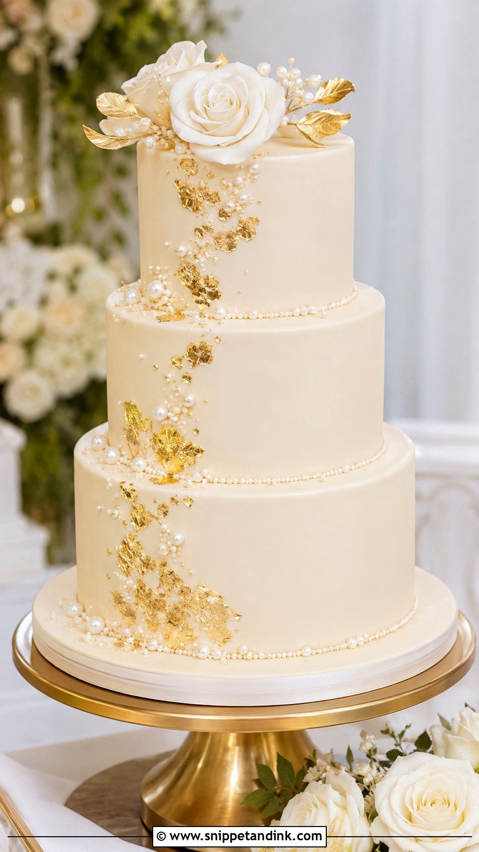 Pearl And Gold Leaf Wedding Cake - Snippet and Ink - 20 Pearl and Gold Wedding Cake Ideas