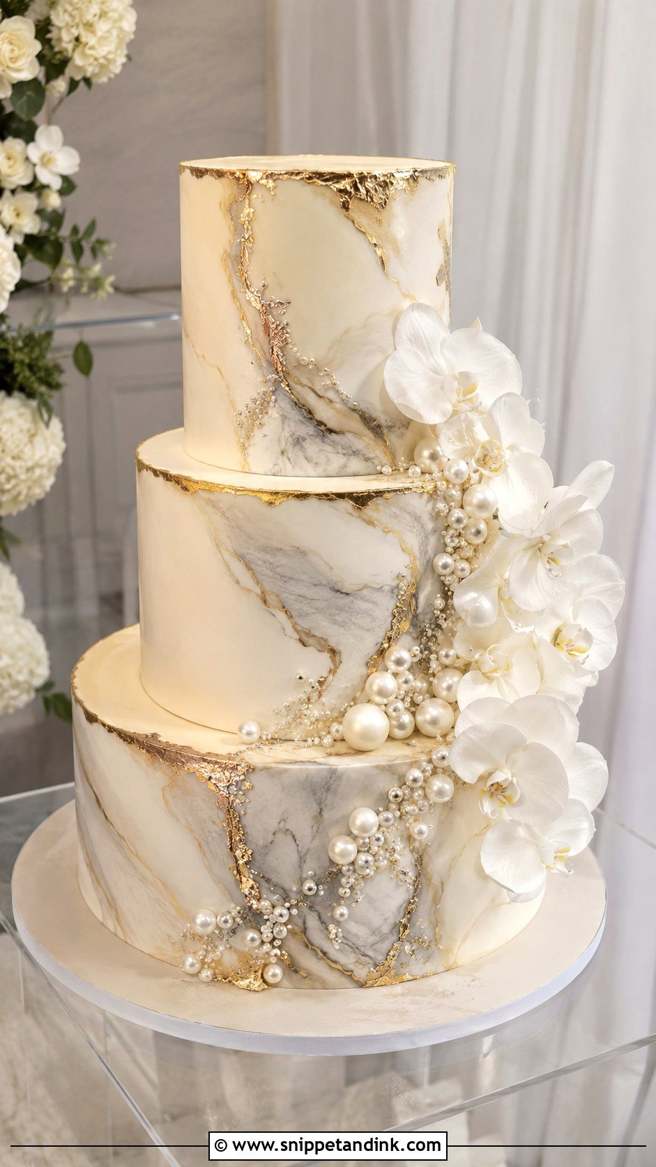 Pearl And Gold Marble Wedding Cake - Snippet and Ink - 20 Pearl and Gold Wedding Cake Ideas