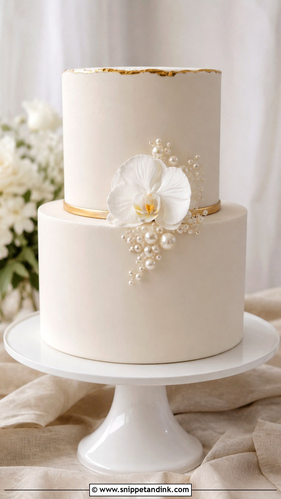 Pearl And Gold Minimalist Wedding Cake - Snippet and Ink - 20 Pearl and Gold Wedding Cake Ideas