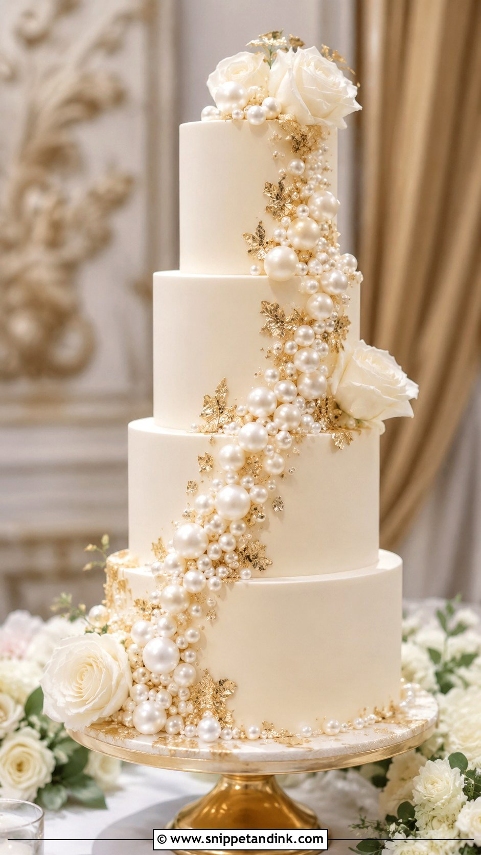 Pearl And Gold Pearl Cascade Wedding Cake - Snippet and Ink - 20 Pearl and Gold Wedding Cake Ideas