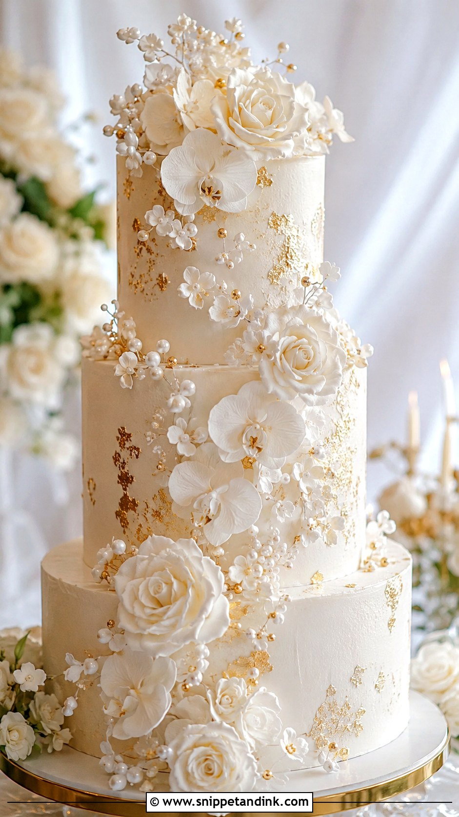 Pearl And Gold Round Wedding Cake - Snippet and Ink - 20 Pearl and Gold Wedding Cake Ideas