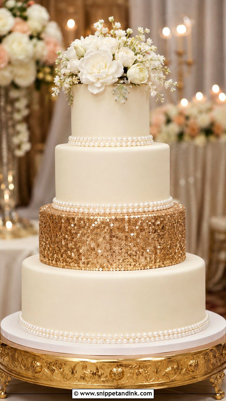 Pearl And Gold Sequin Wedding Cake - Snippet and Ink - 20 Pearl and Gold Wedding Cake Ideas