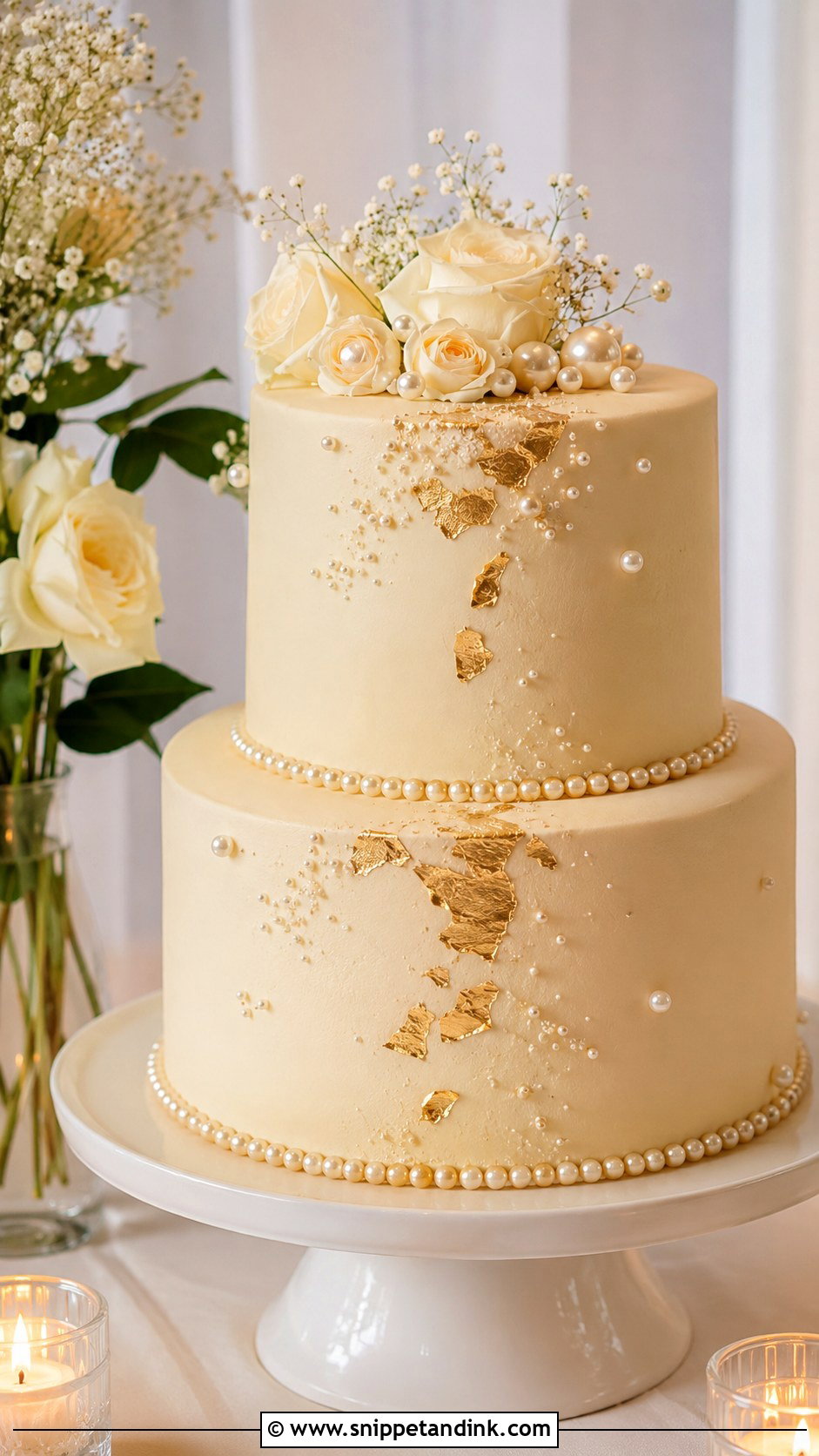 Pearl And Gold Small Wedding Cake - Snippet and Ink - 20 Pearl and Gold Wedding Cake Ideas