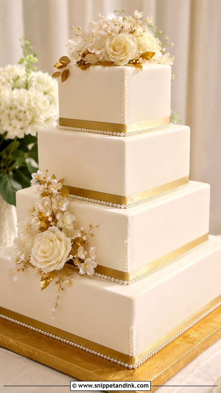 Pearl And Gold Square Wedding Cake - Snippet and Ink - 20 Pearl and Gold Wedding Cake Ideas
