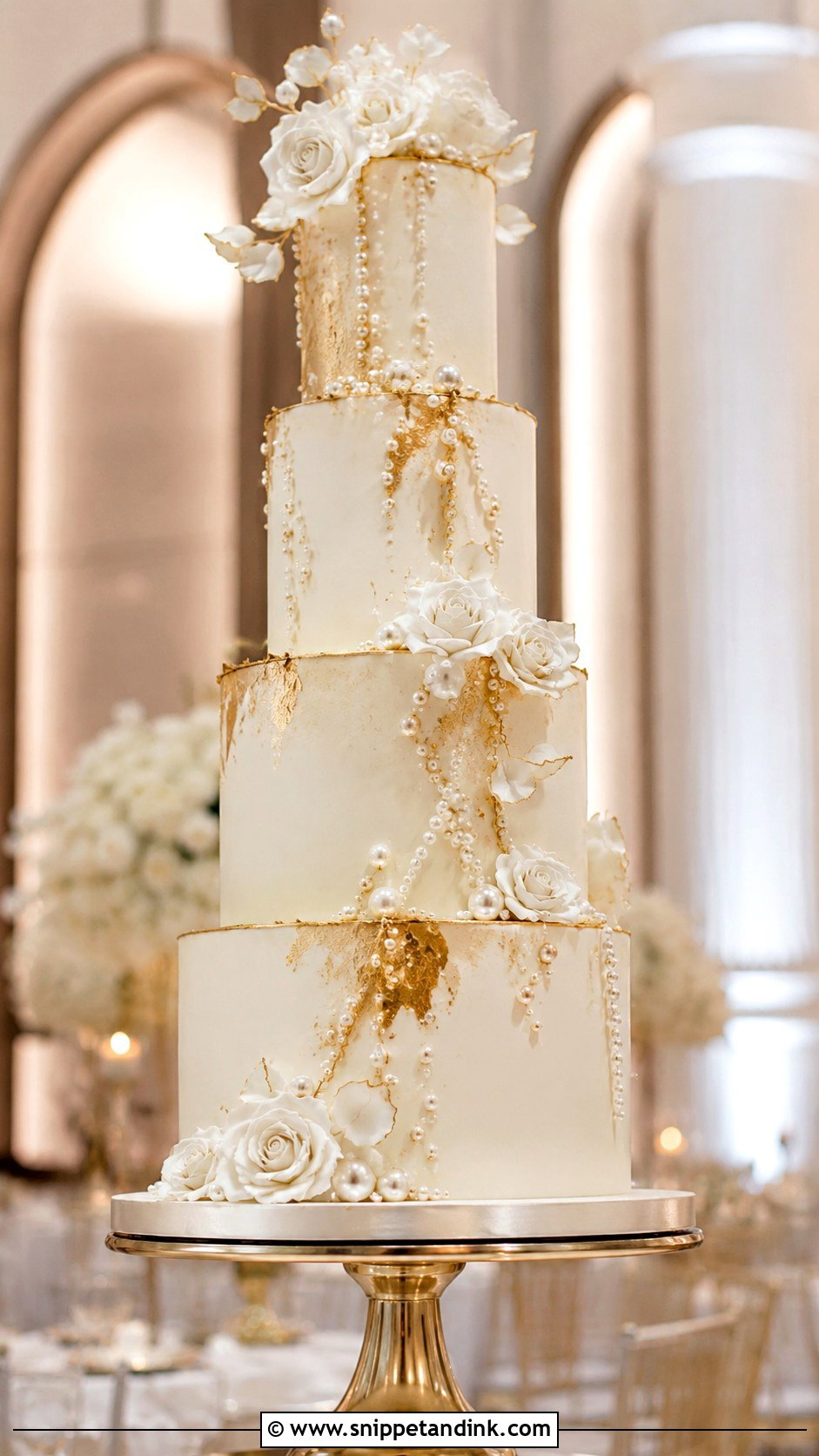 Pearl And Gold Tall Wedding Cake - Snippet and Ink - 20 Pearl and Gold Wedding Cake Ideas