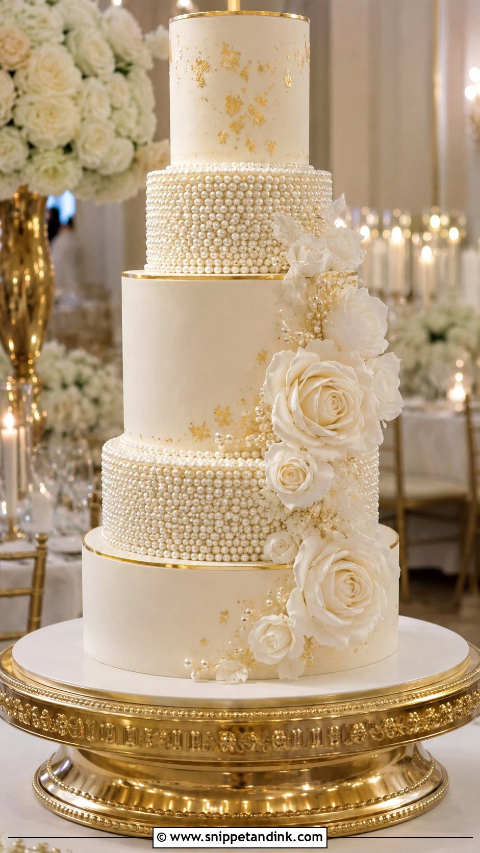 Pearl And Gold Tiered Wedding Cake - Snippet and Ink - 20 Pearl and Gold Wedding Cake Ideas