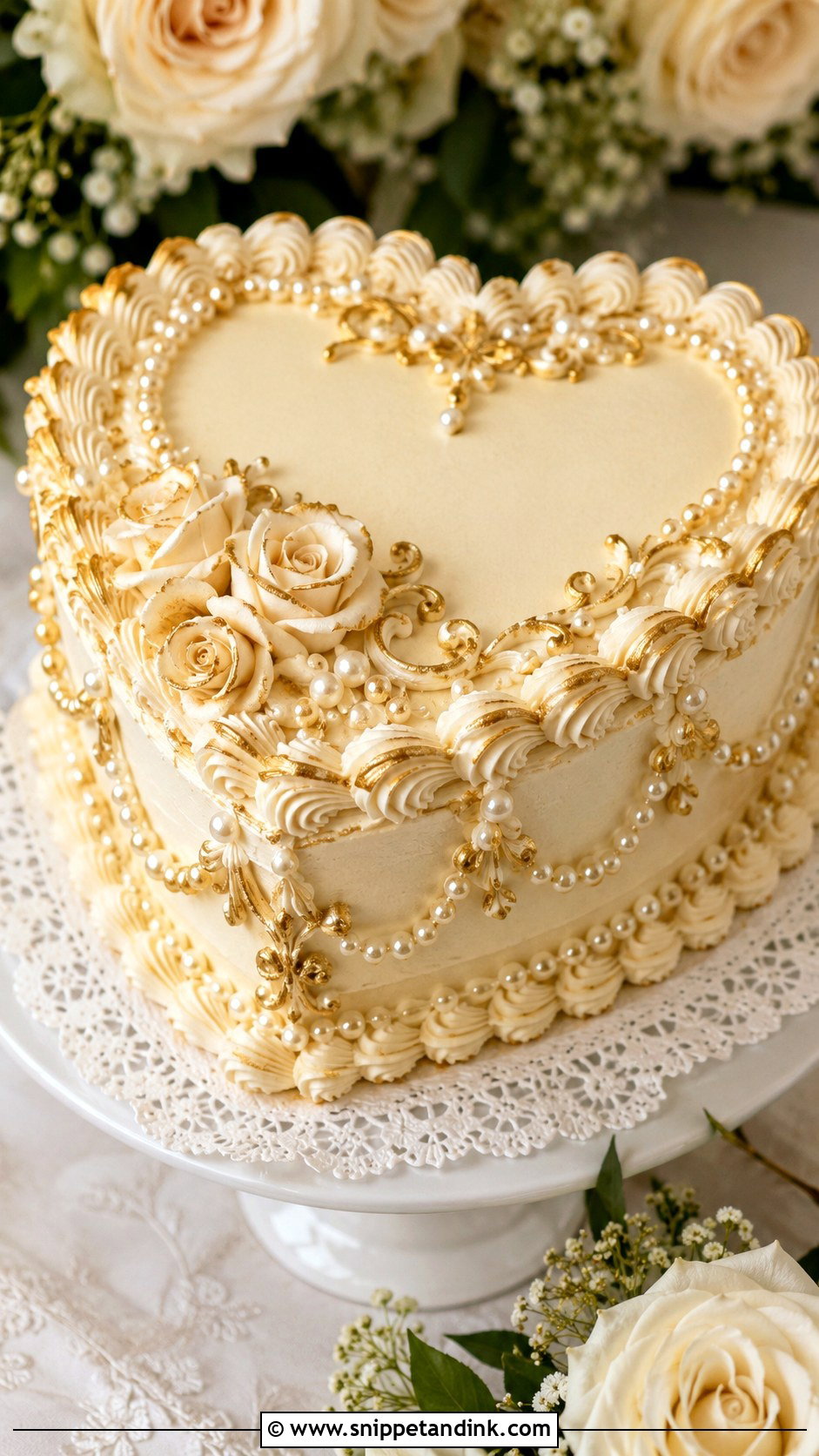 Pearl And Gold Vintage Wedding Cake - Snippet and Ink - 20 Pearl and Gold Wedding Cake Ideas