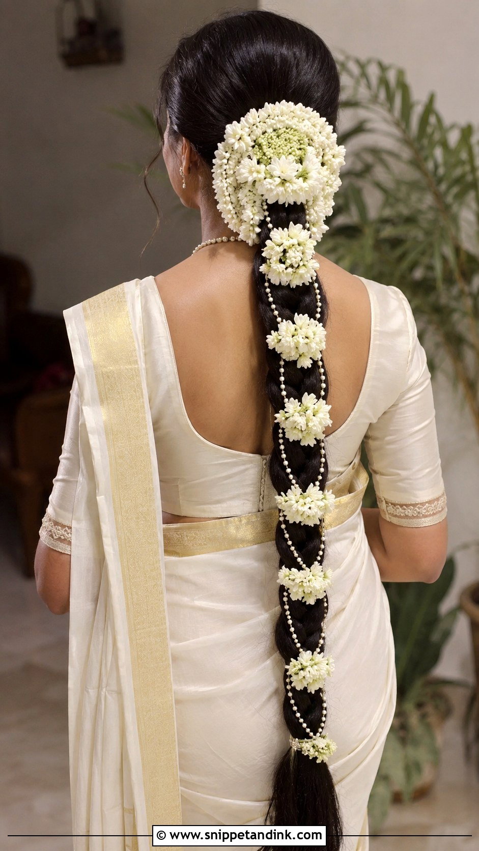 Pearl And Jasmine Decorated Braid - Snippet and Ink - 20 South Indian Bride Hairstyle with Jasmine Flowers