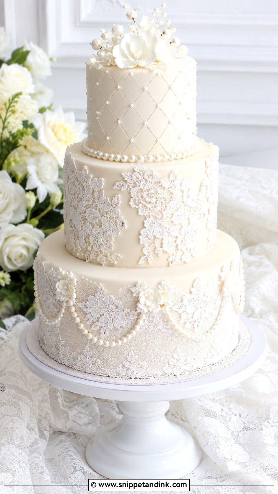 Pearl And Lace Wedding Cake - Snippet and Ink - 20 Cakes with Pearls for Wedding