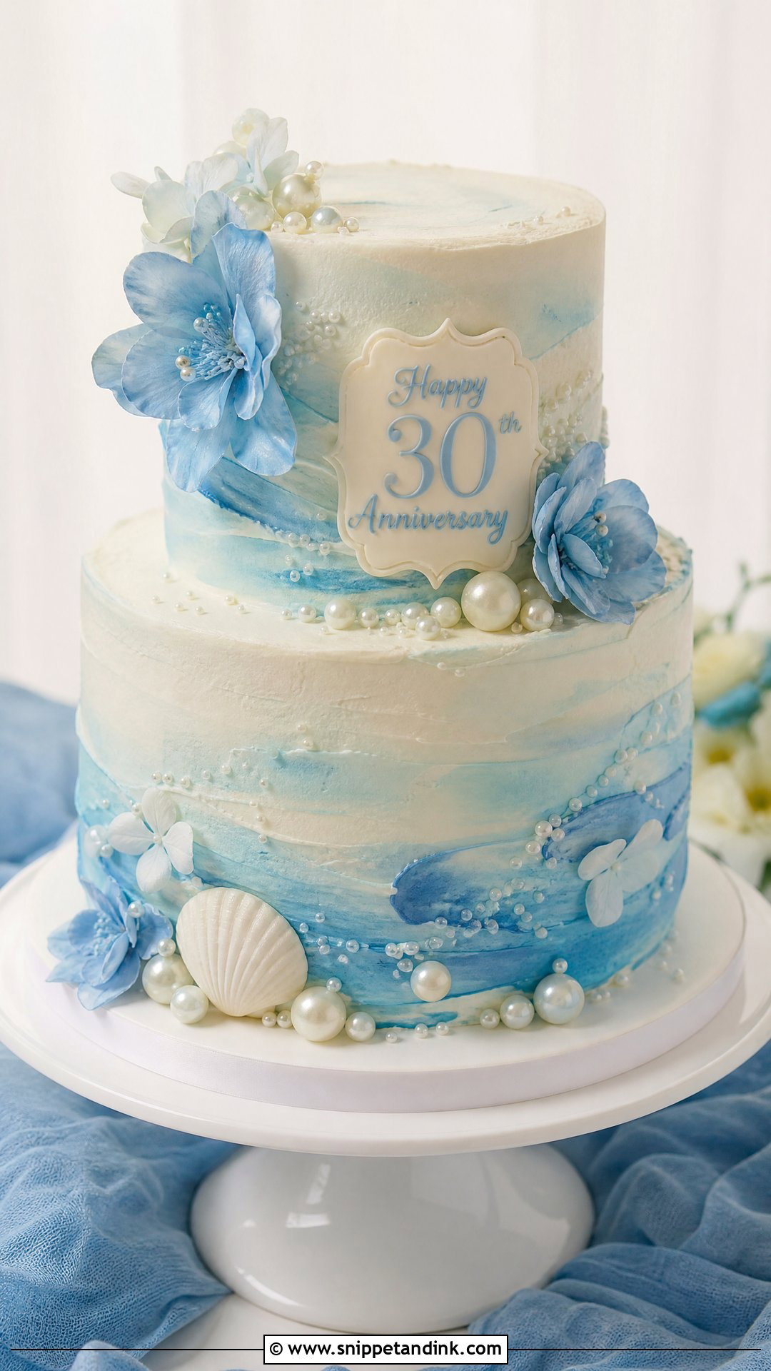 Pearl Anniversary Cake With Blue Details - Snippet and Ink - 20 Pearl Anniversary Cake Ideas