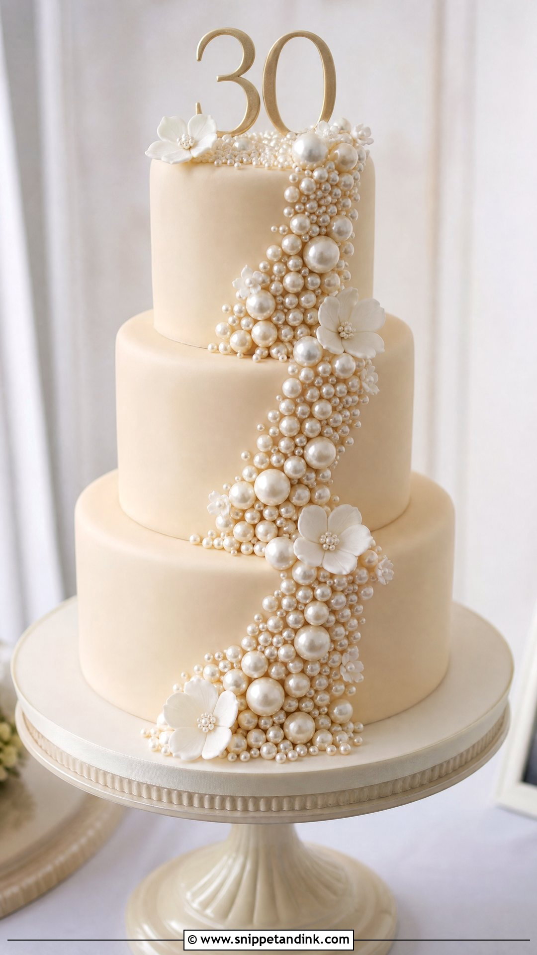 Pearl Anniversary Cake With Cascading Pearls - Snippet and Ink - 20 Pearl Anniversary Cake Ideas