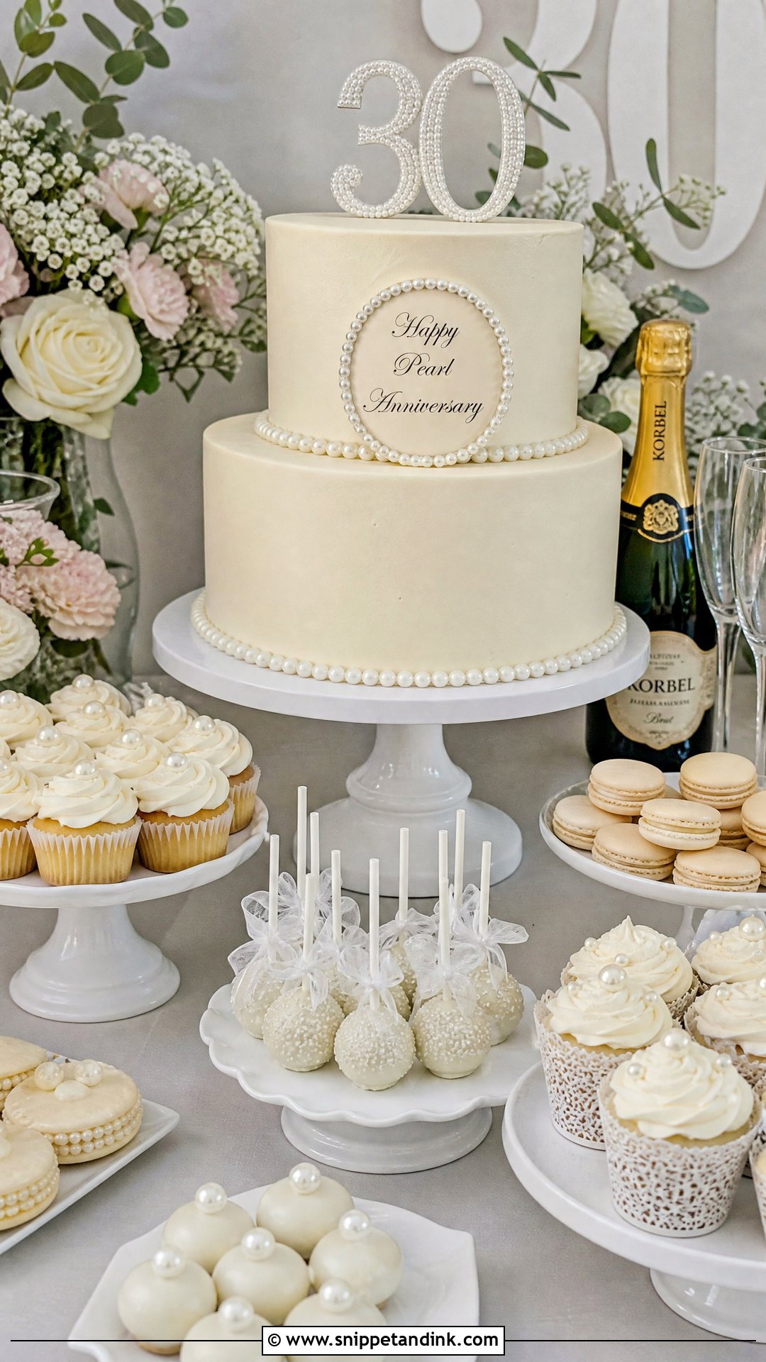 Pearl Anniversary Cake With Dessert Table - Snippet and Ink - 20 Pearl Anniversary Cake Ideas