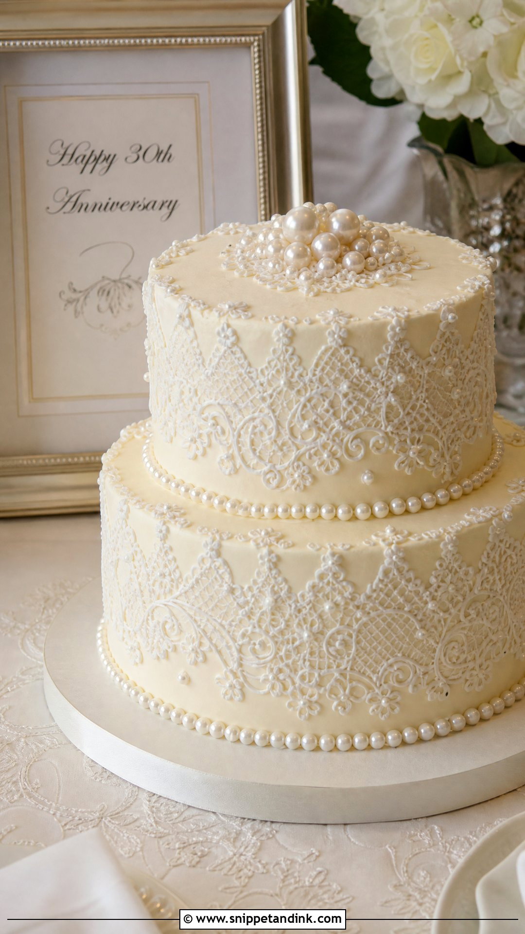 Pearl Anniversary Cake With Lace Piping - Snippet and Ink - 20 Pearl Anniversary Cake Ideas