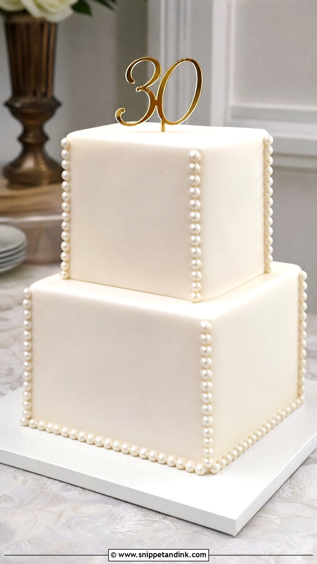 Pearl Anniversary Cake With Modern Square Tiers - Snippet and Ink - 20 Pearl Anniversary Cake Ideas