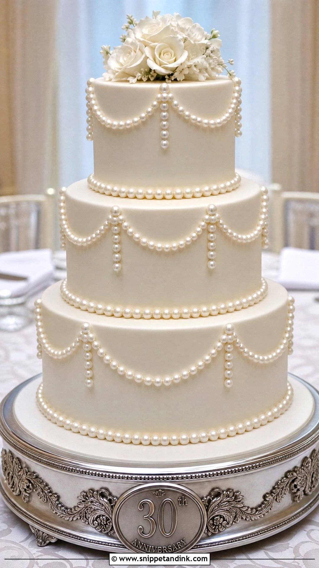 Pearl Anniversary Cake With Pearl Drapes - Snippet and Ink - 20 Pearl Anniversary Cake Ideas