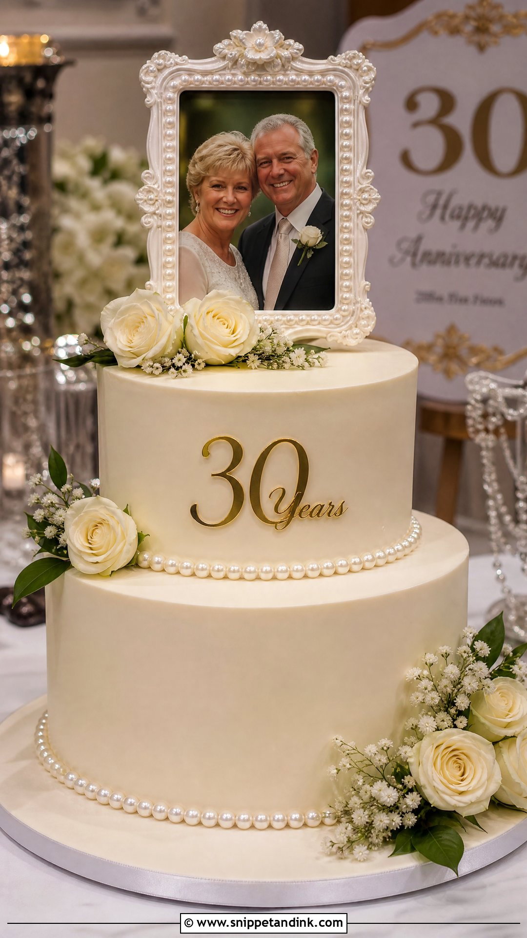 Pearl Anniversary Cake With Photo Topper - Snippet and Ink - 20 Pearl Anniversary Cake Ideas