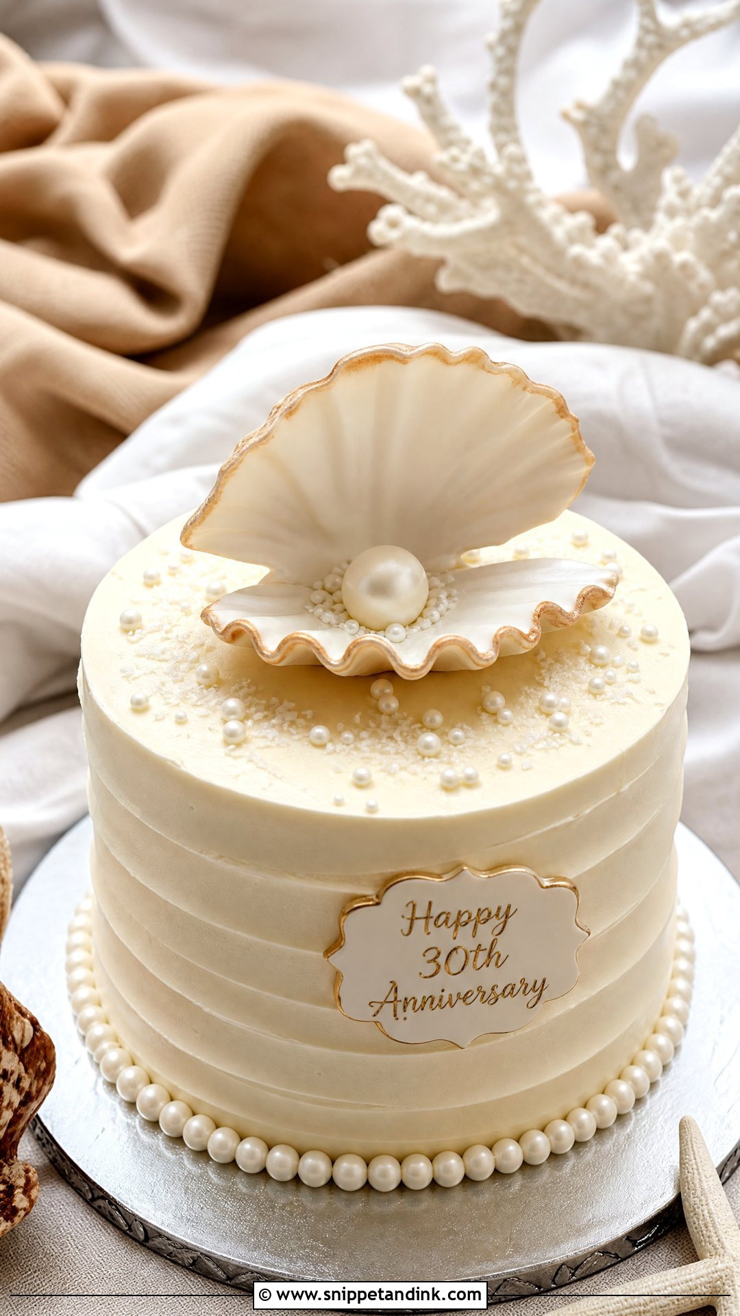 Pearl Anniversary Cake With Shell Topper - Snippet and Ink - 20 Pearl Anniversary Cake Ideas