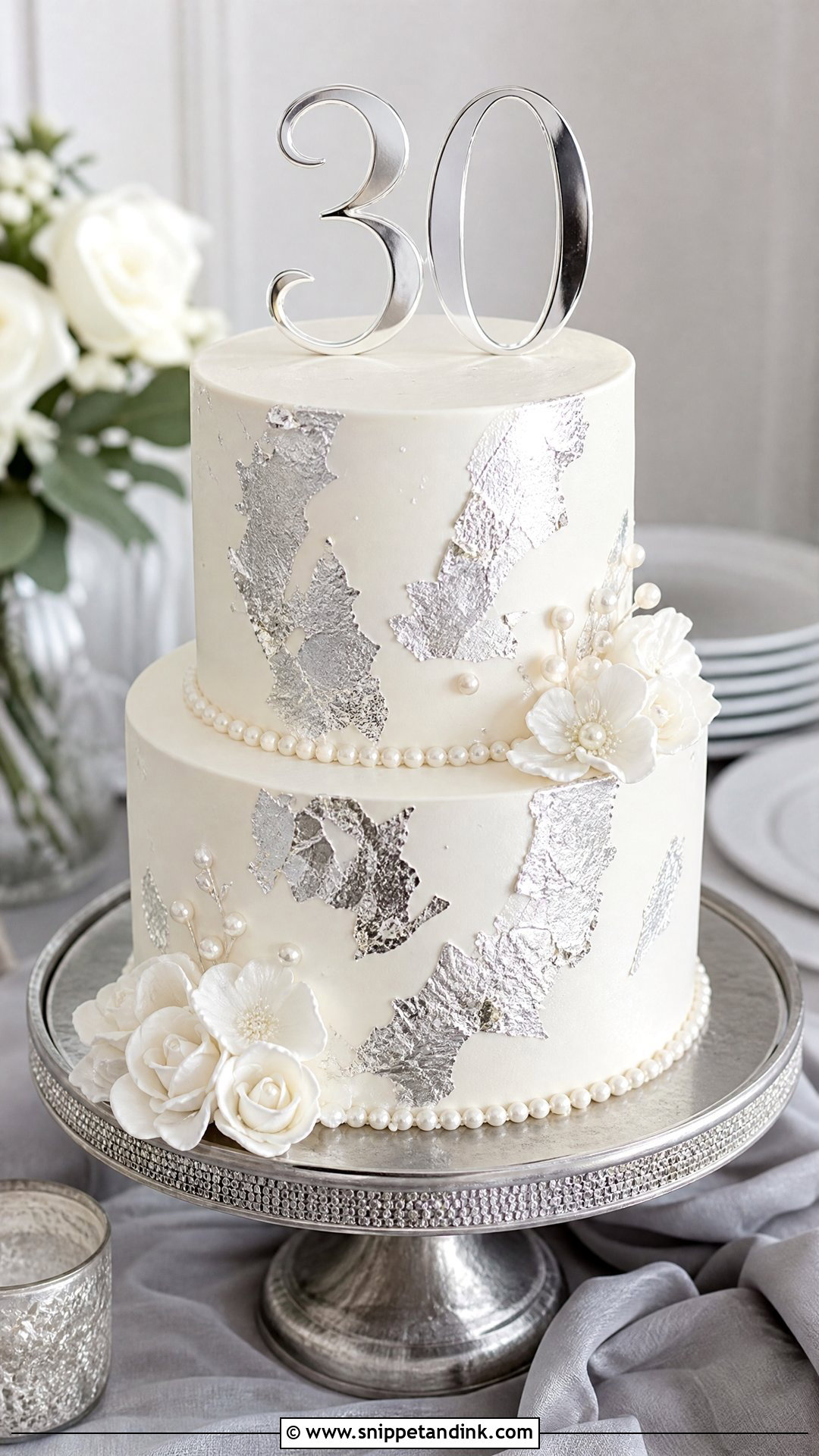 Pearl Anniversary Cake With Silver Accents - Snippet and Ink - 20 Pearl Anniversary Cake Ideas