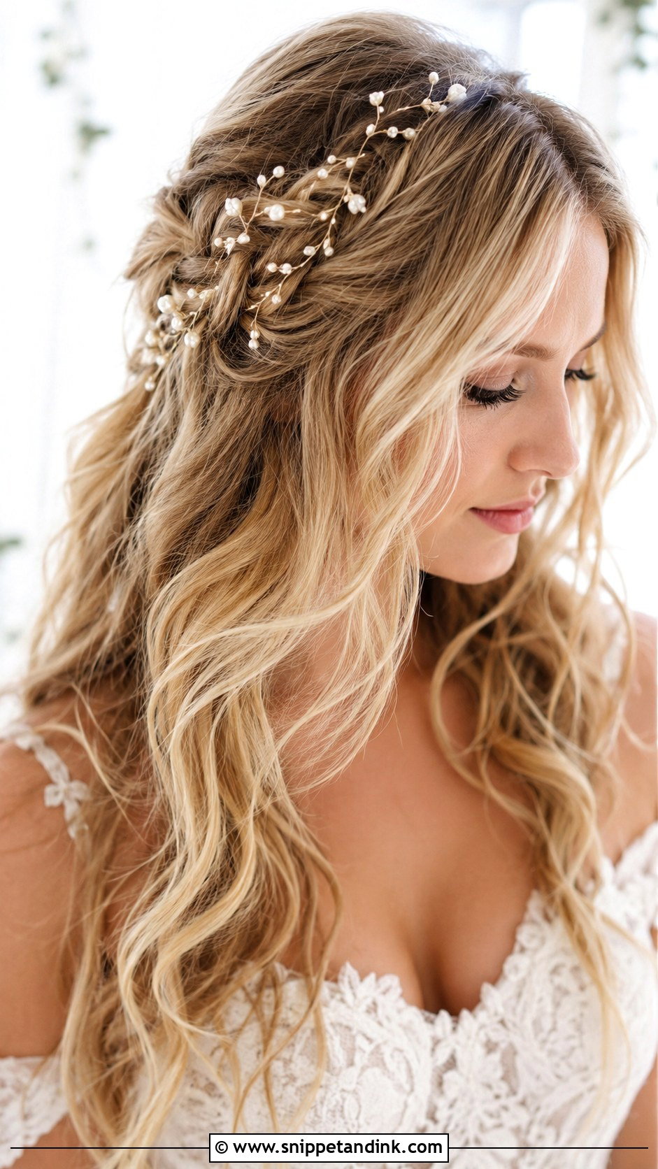 Pearl Boho Waves with Hair Vine - Snippet and Ink - 25 Bridal Hair with Pearls Ideas