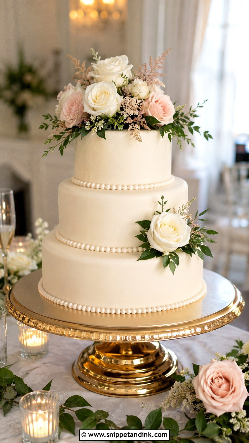 Pearl Border Wedding Cake With Flowers - Snippet and Ink - 30 Wedding Cake Ideas with Flowers and Pearls
