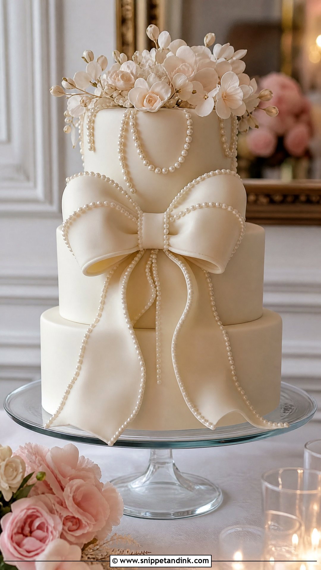 Pearl Bow Wedding Cake - Snippet and Ink - 35 Bow Cake Ideas for Wedding