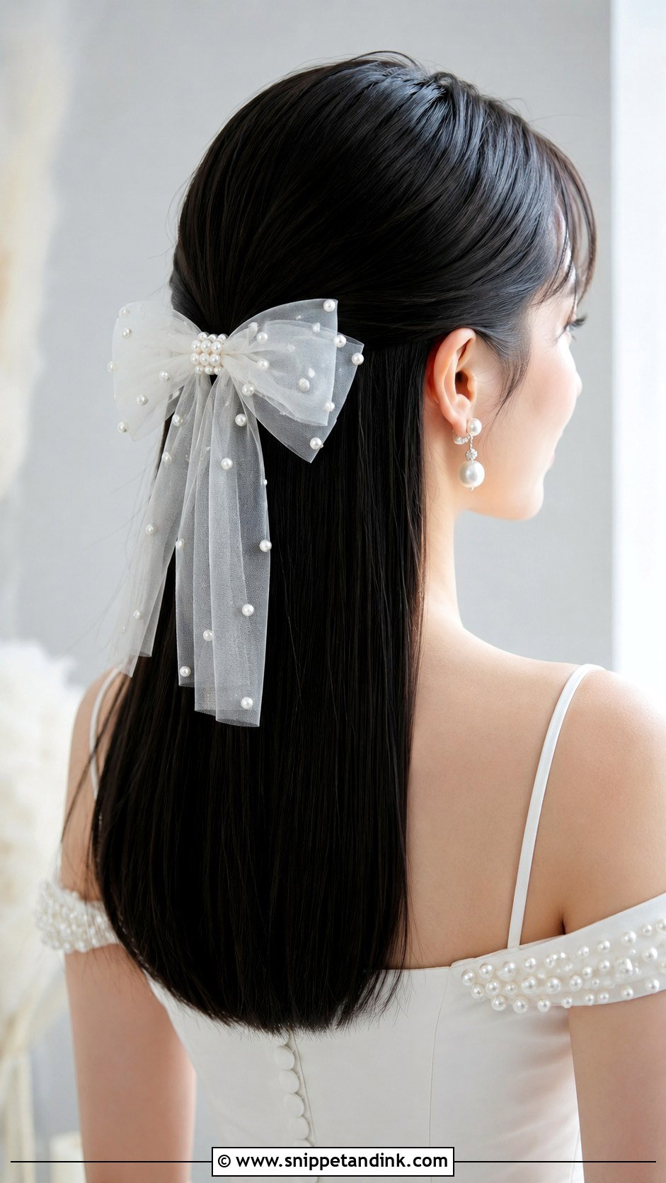 Pearl Bow With Sleek Straight Hair - Snippet and Ink - 20 Wedding Hairstyles with Bow