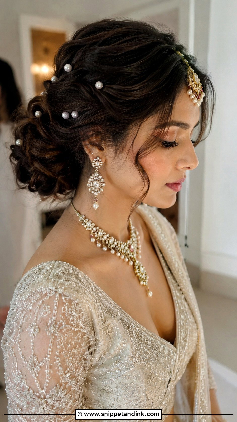 Pearl Bridal Bun - Snippet and Ink - 15 Indian Wedding Bridal Hair Bun Ideas