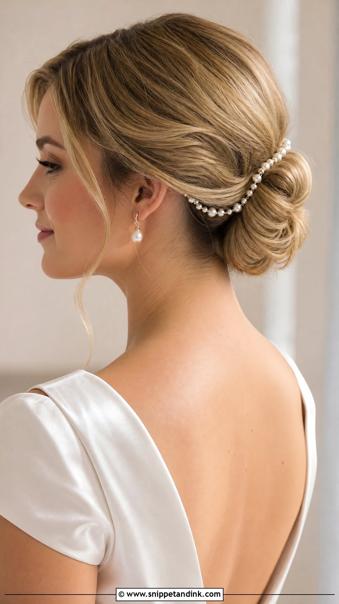 Pearl Bridal Hair Chain With Low Bun - Snippet and Ink - 15 Bridal Hair Chain Ideas