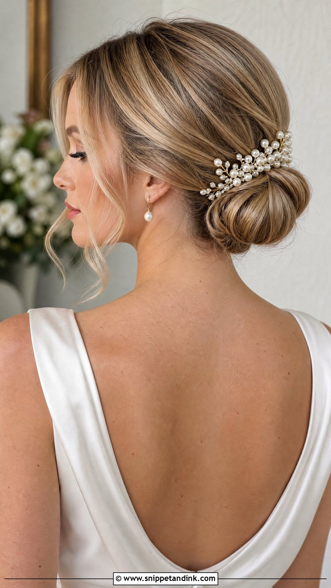 Pearl Bridal Hair Comb With Low Bun - Snippet and Ink - 15 Bridal Hair Combs