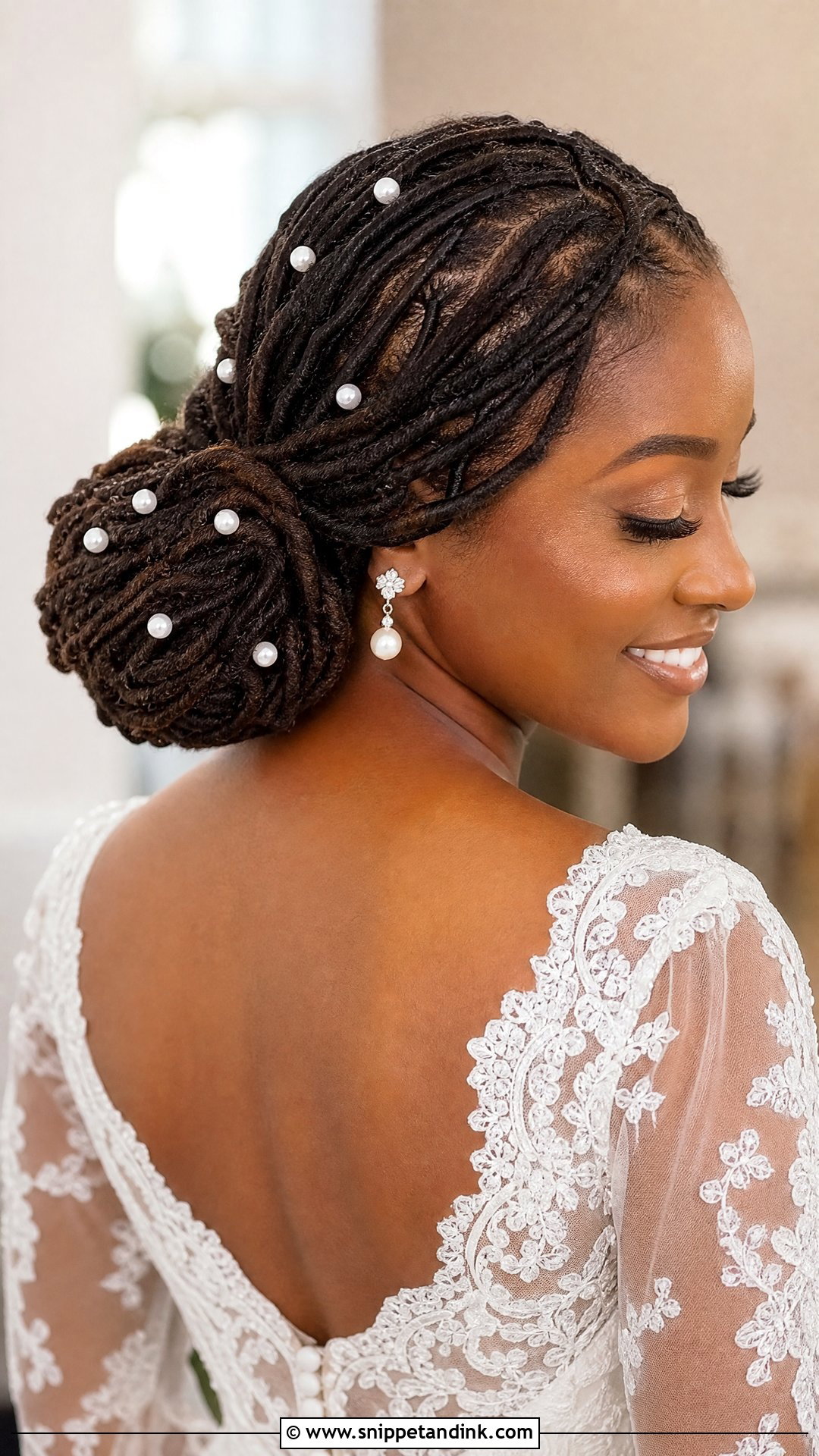 Pearl Bridal Locs Low Bun - Snippet and Ink - 15 Bridal Locs Hairstyles Low Bun