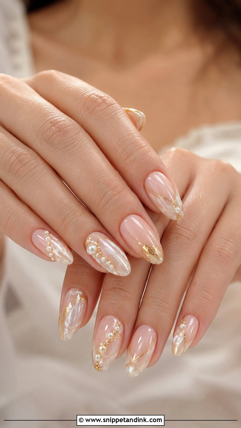 Pearl Bridal Nails With Gold Details - Snippet and Ink - 20 Bridal Nails with Gold