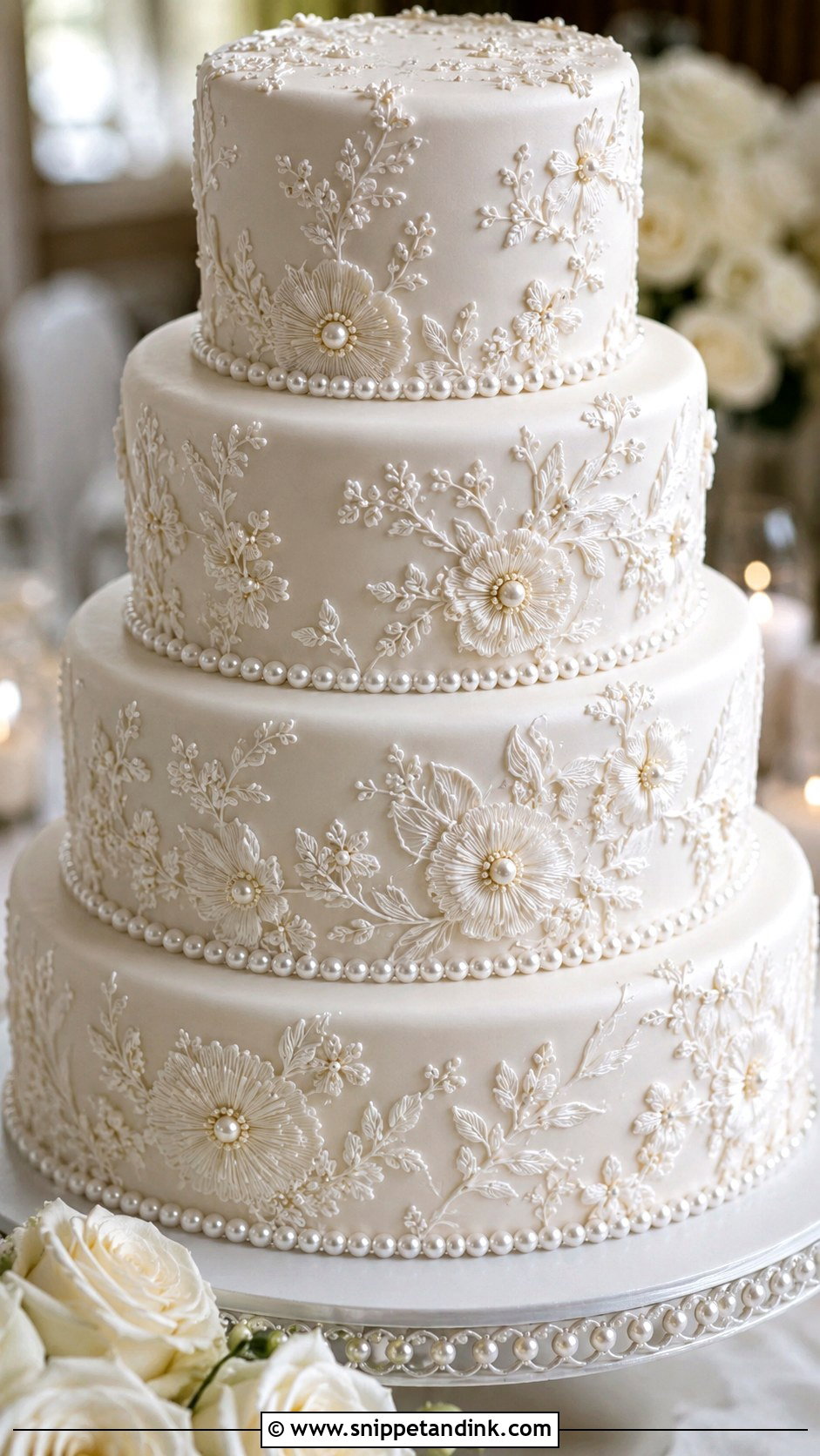 Pearl Brush Embroidery Wedding Cake - Snippet and Ink - 20 Brush Embroidery Wedding Cake Ideas