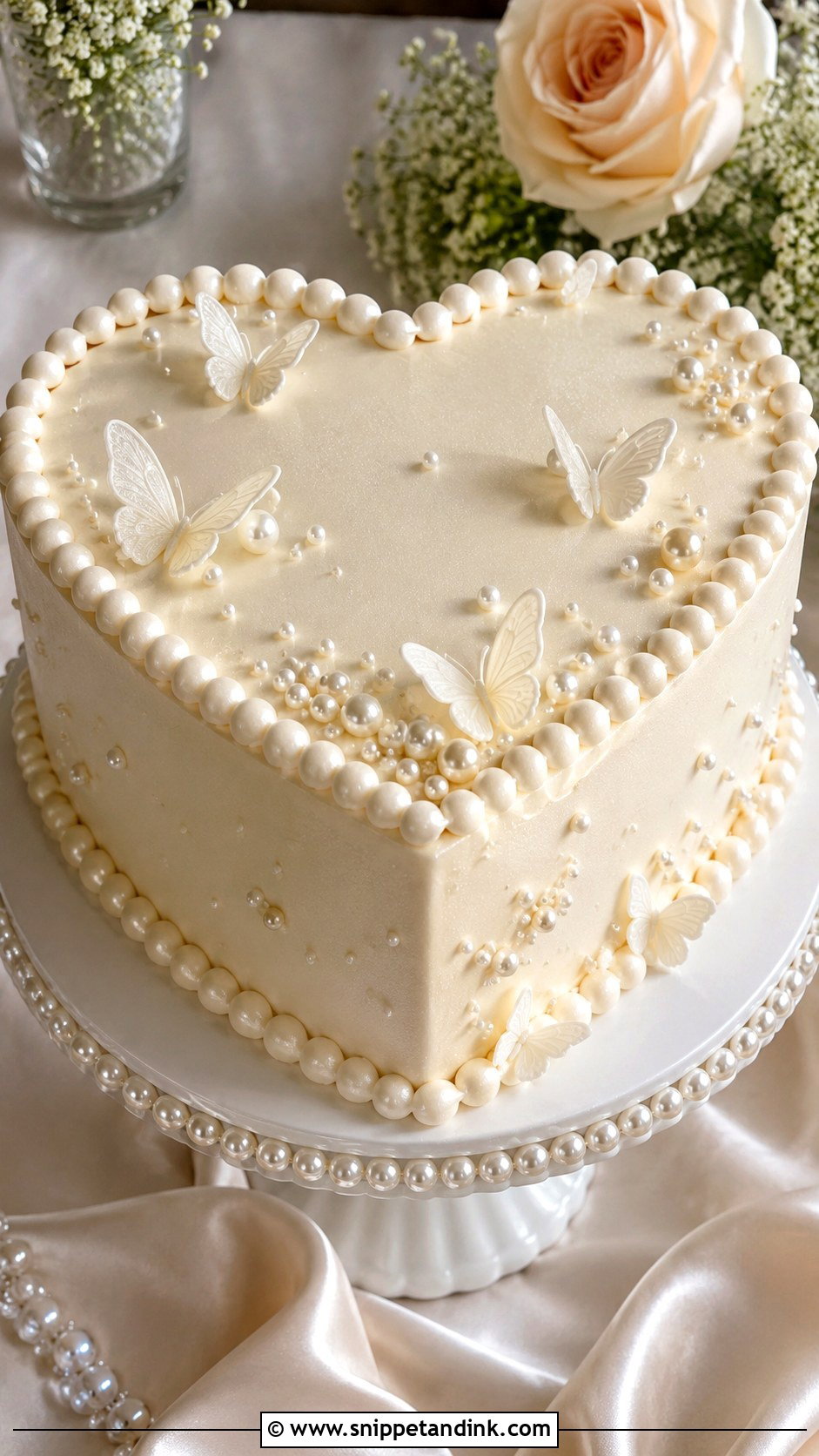 Pearl Butterfly Heart Wedding Cake - Snippet and Ink - 20 Butterfly Heart Cake Ideas for Wedding