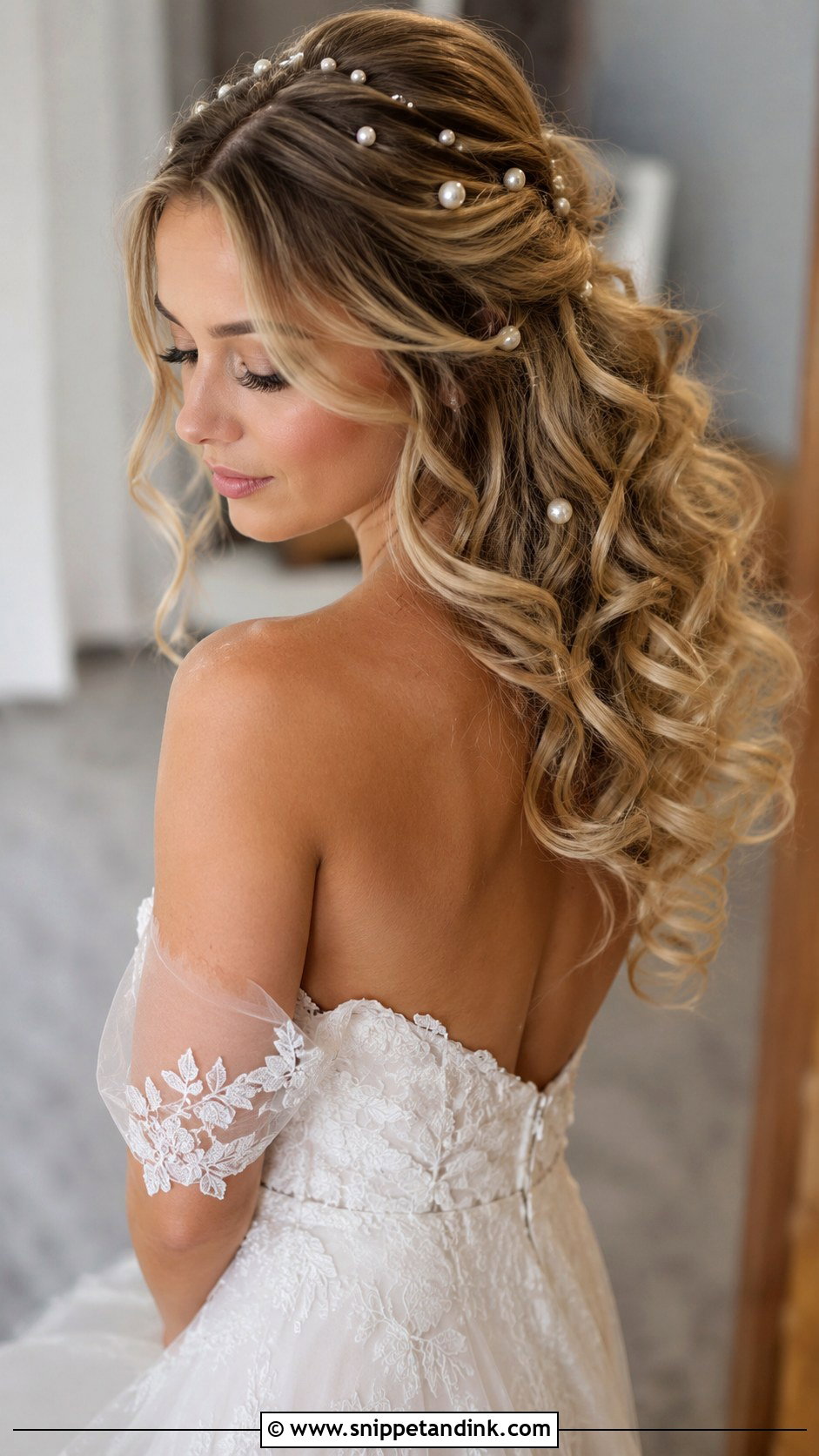 Pearl Cascading Curls with Pins - Snippet and Ink - 25 Bridal Hair with Pearls Ideas