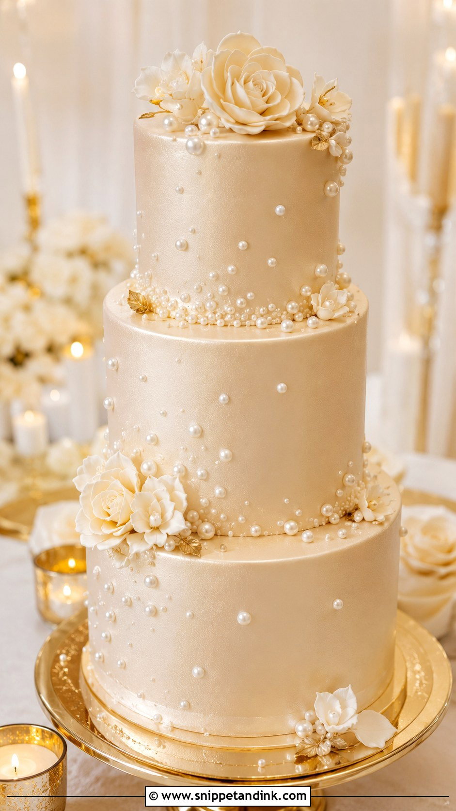 Pearl Champagne Wedding Cake - Snippet and Ink - 20 Cakes with Pearls for Wedding