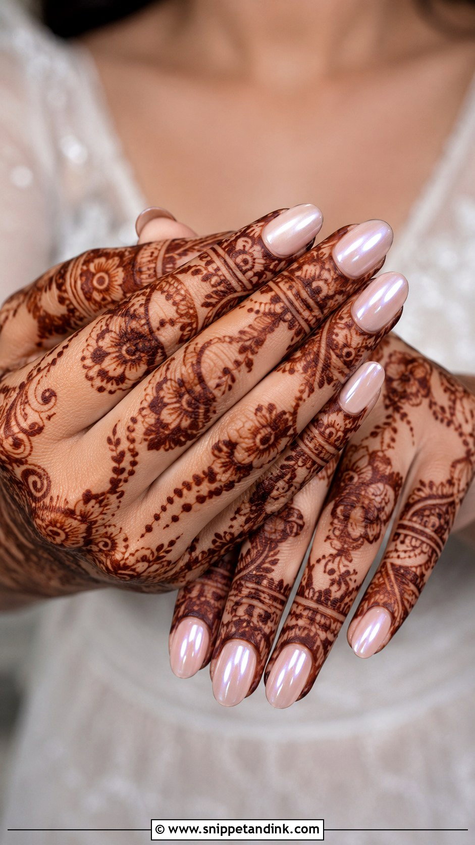Pearl Chrome Bridal Nails With Mehendi - Snippet and Ink - 20 Bridal Nails with Mehendi