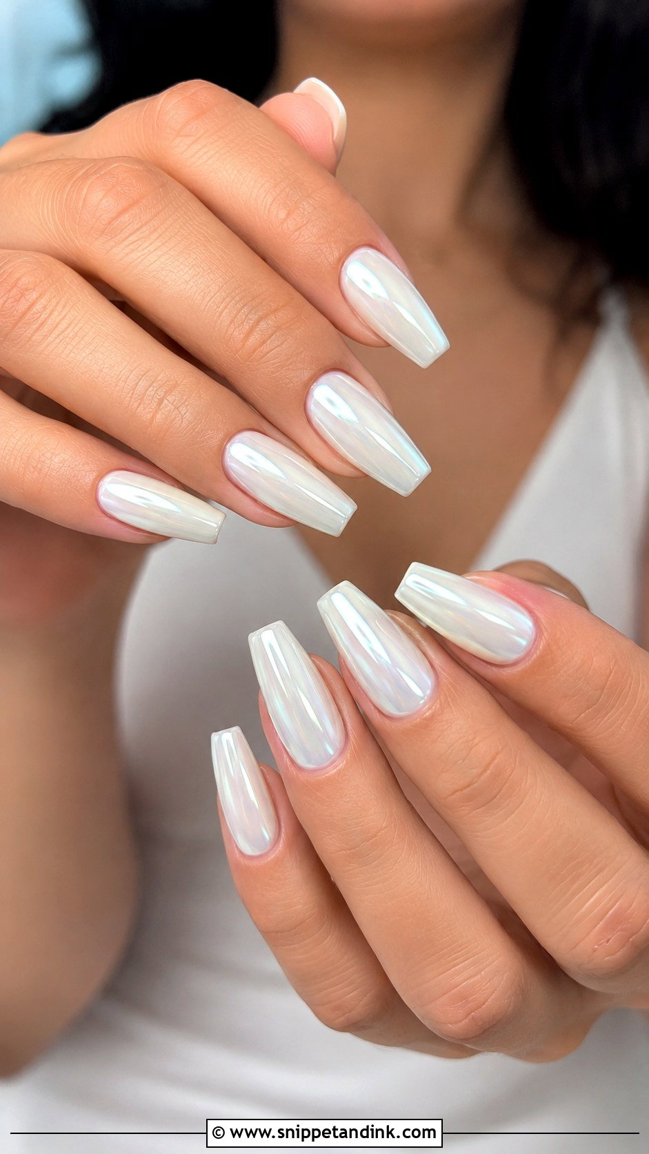 Pearl Chrome Coffin Bridal Nails - Snippet and Ink - 20 Coffin Bridal Nails