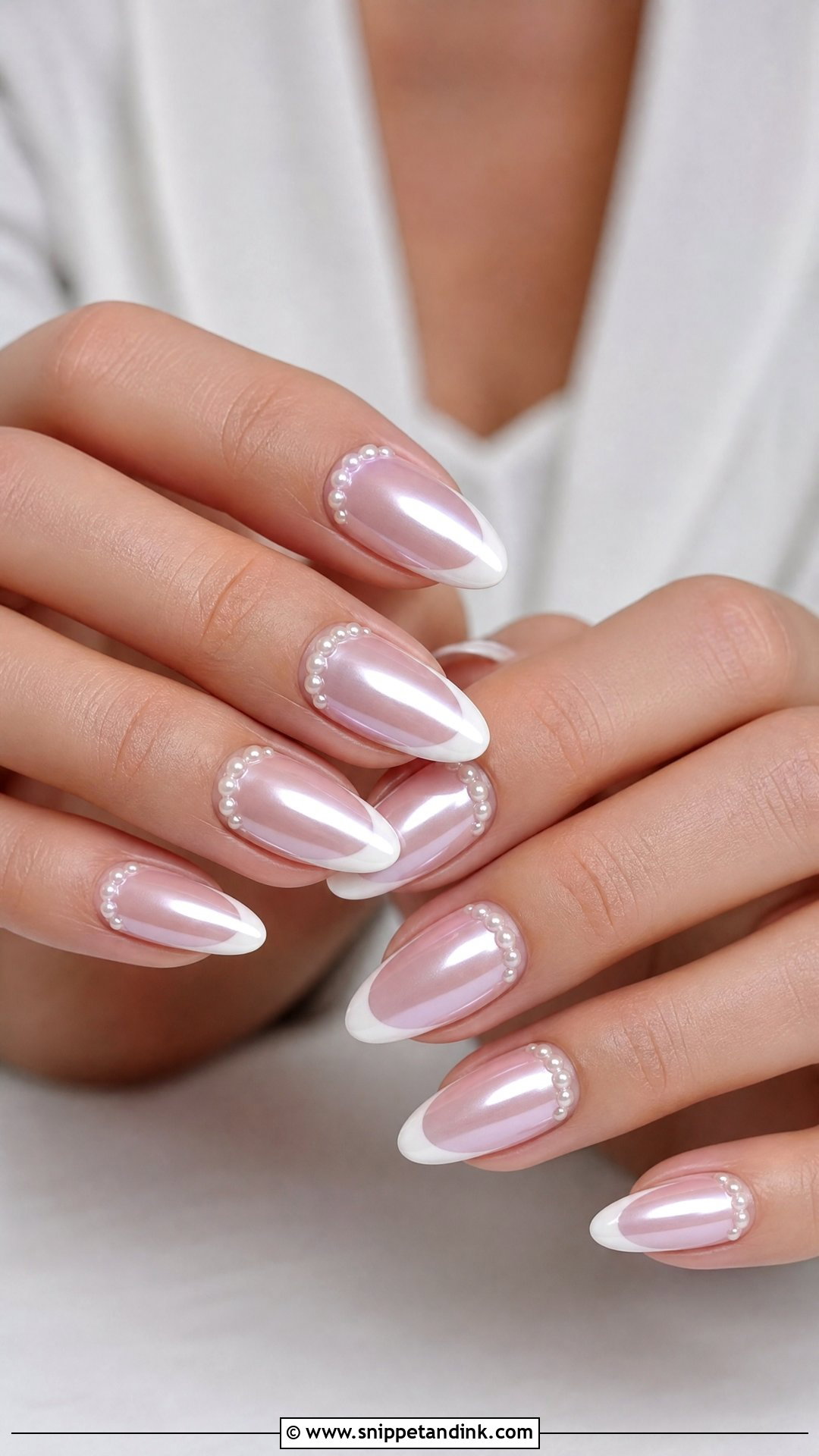 Pearl Chrome French Bridal Nails - Snippet and Ink - 25 Bridal Nails with Pearls