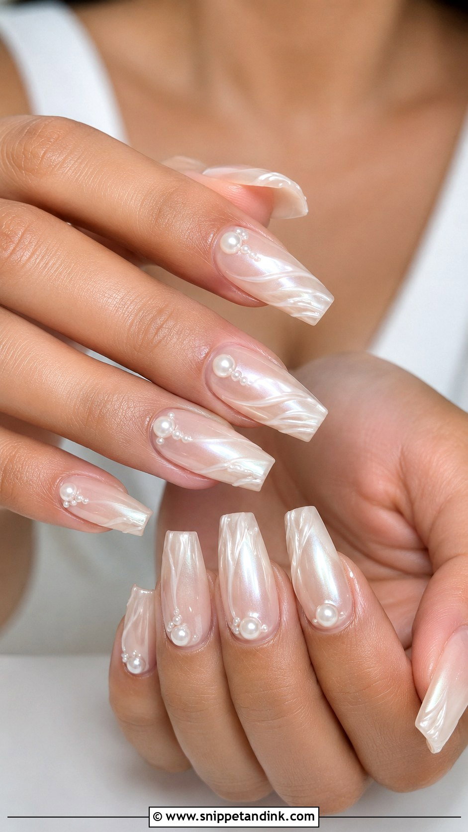 Pearl Coffin Bridal Nails - Snippet and Ink - 20 Coffin Shape Bridal Nails