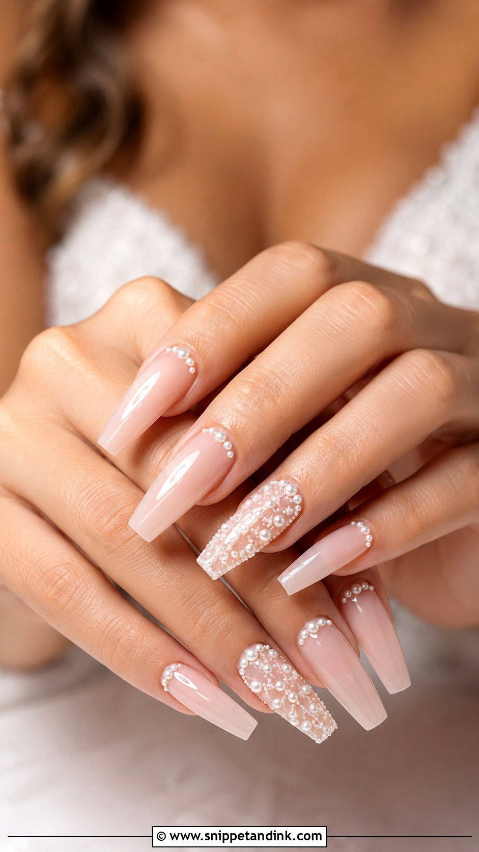 Pearl Coffin Wedding Nails - Snippet and Ink - 20 Coffin Shape Wedding Nails for Bride