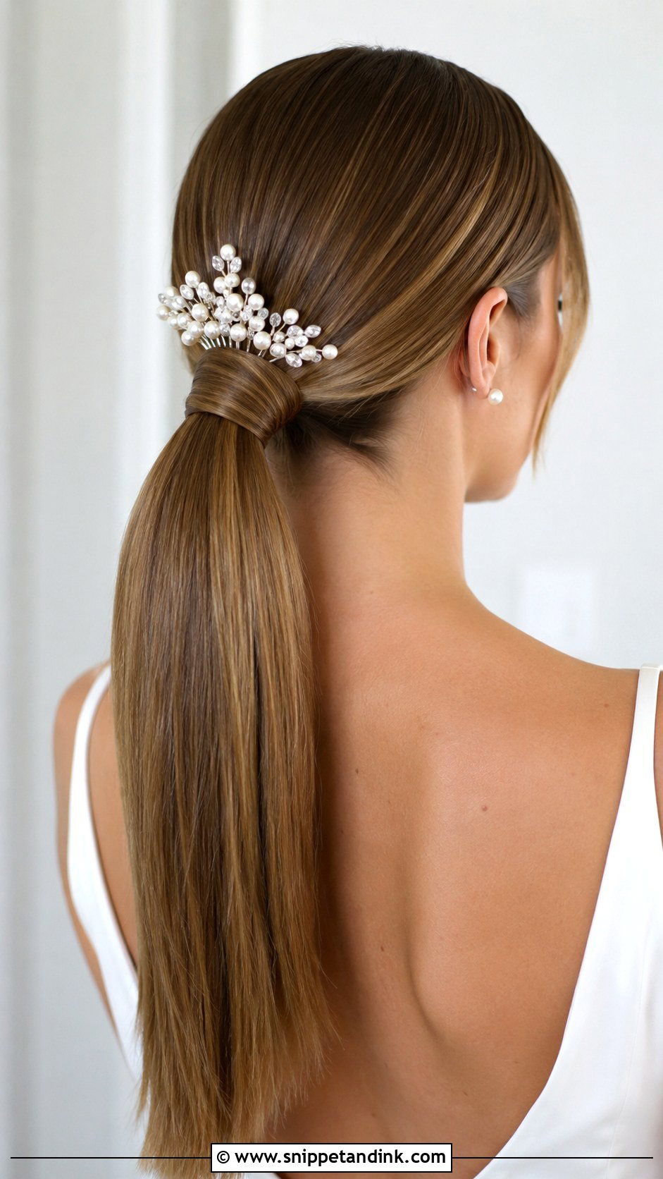 Pearl Comb With Sleek Low Ponytail - Snippet and Ink - 20 Bridal Hair Comb Ideas