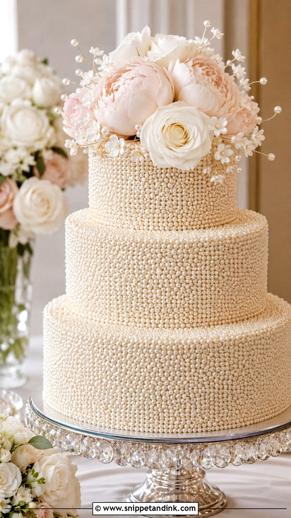 Pearl Covered Wedding Cake With Flowers - Snippet and Ink - 30 Wedding Cake Ideas with Flowers and Pearls