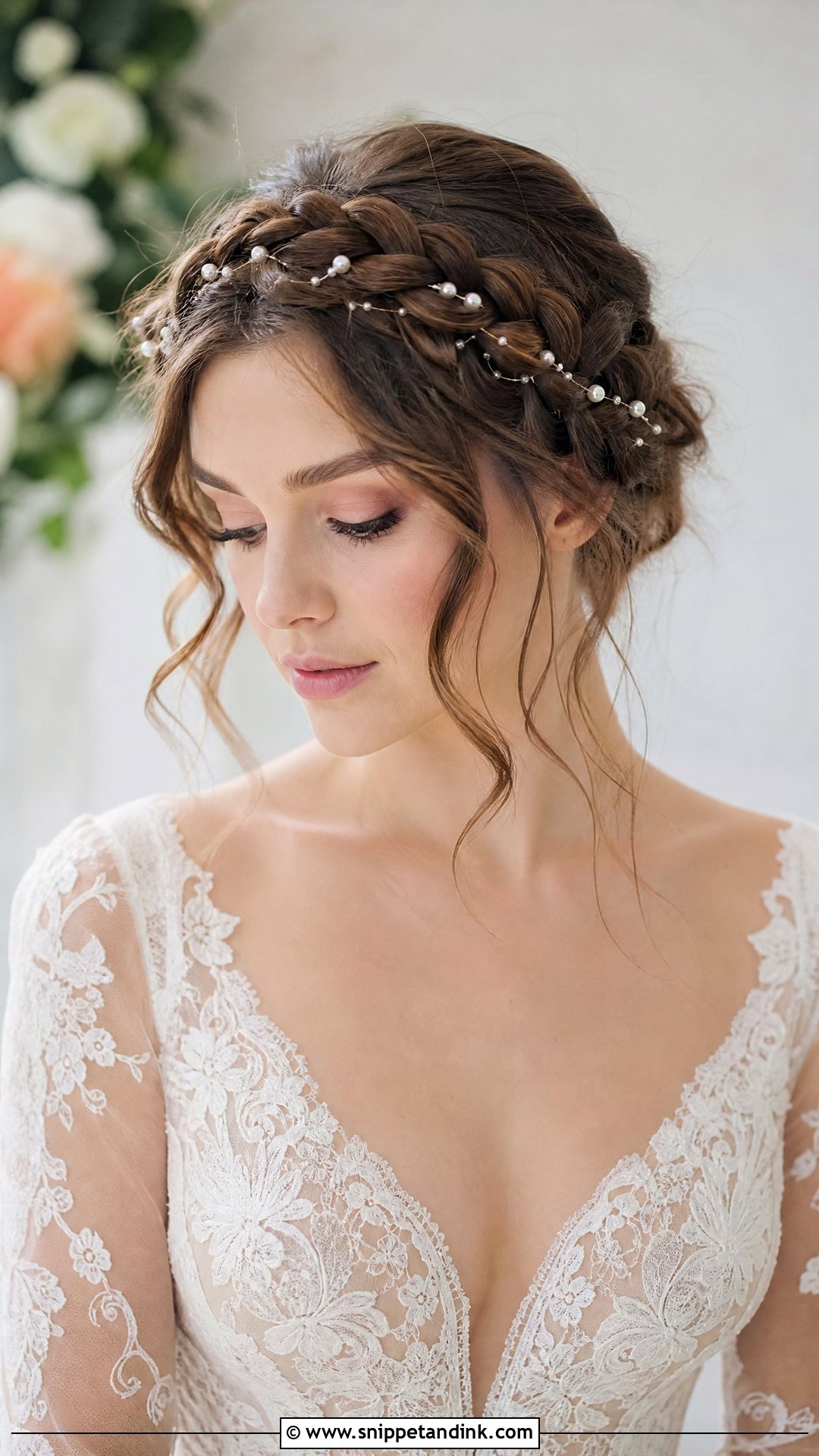 Pearl Crown Braid Updo - Snippet and Ink - 20 Pearls in Hair Wedding Ideas