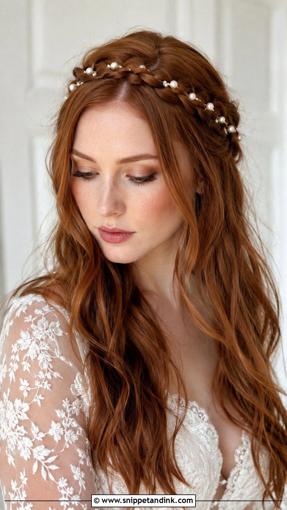 Pearl Crown Braid with Open Hair - Snippet and Ink - 25 Bridal Hair with Pearls Ideas